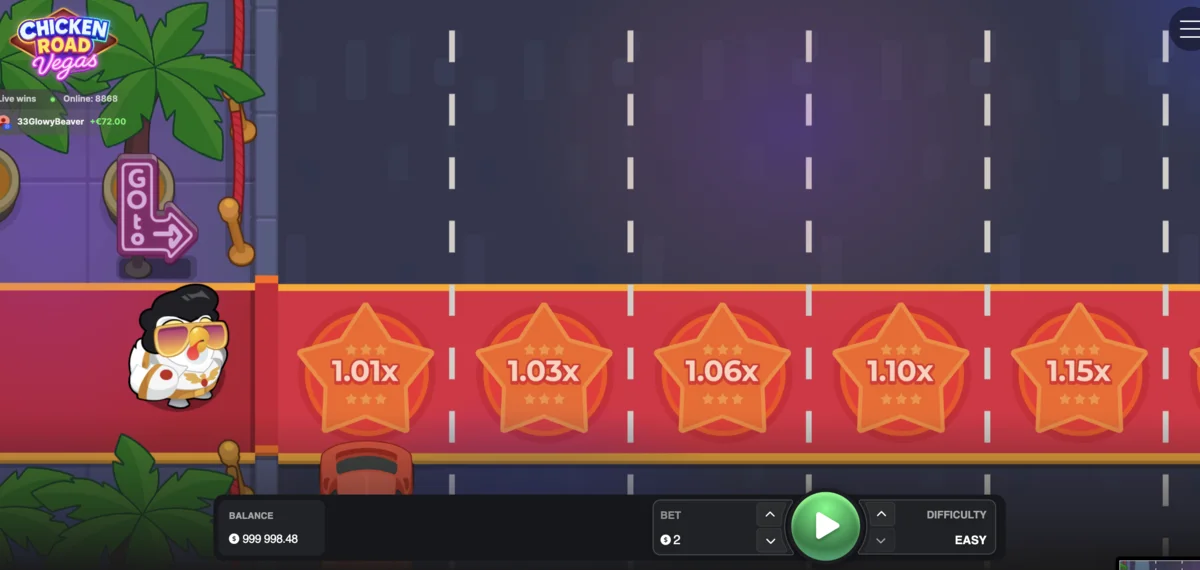 Chicken Road Vegas gameplay in progress showing Elvis chicken moving along road with multiplier increasing and betting controls visible